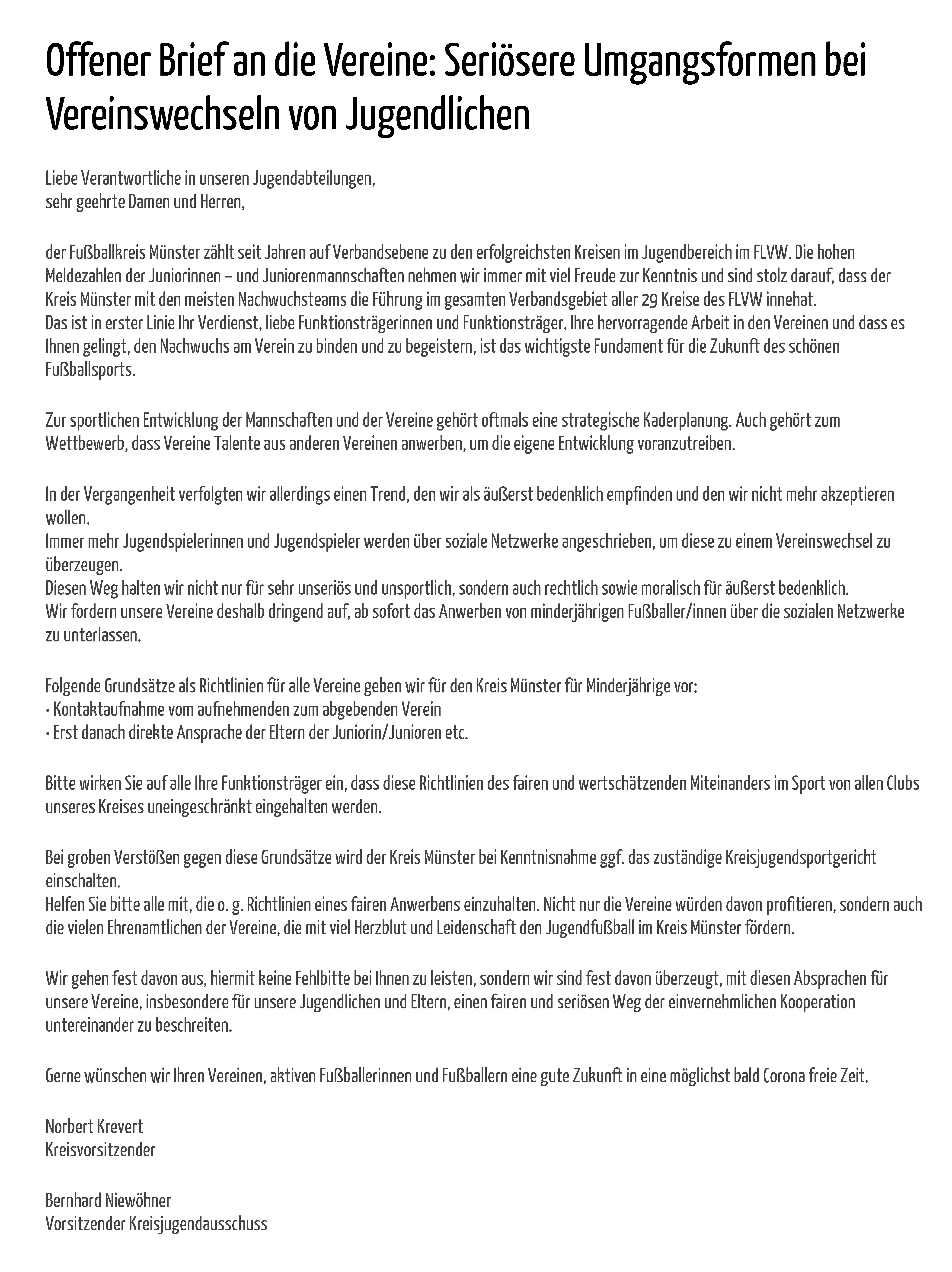 Offener Brief an die Vereine