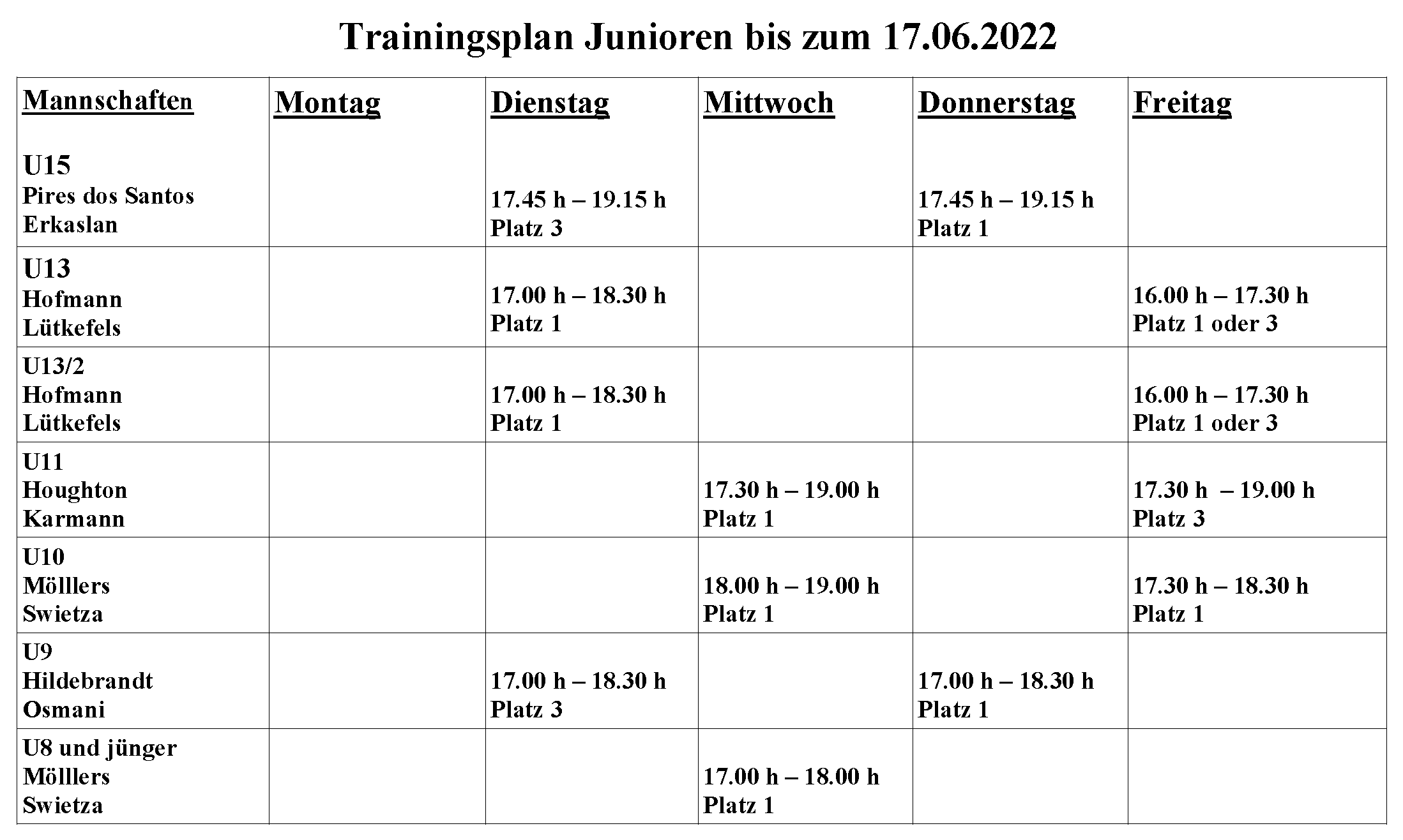 Trainingsplan bis 17.06.2022